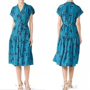 Veronica Beard Meagan Teal Floral Silk Cap Short Sleeve Midi Dress | 2